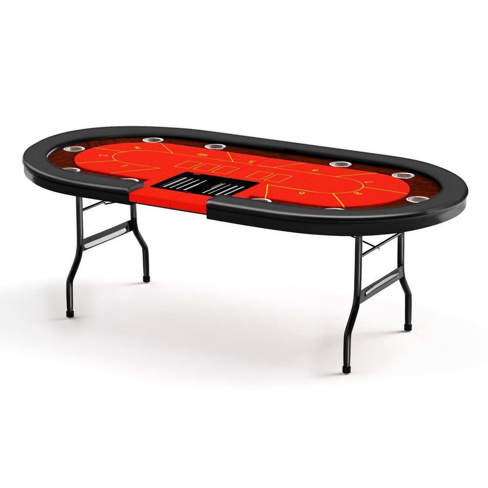 Premium 10 Player Foldable Poker Table with Cup Holders, 84" Portable Texas Holdem Poker Table with Chip Tray, Folding Casino Leisure Card Board Game Table with Padded Rails, Stylish Red Design