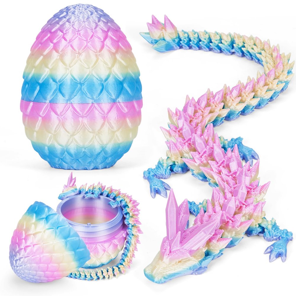 3D Printed Dragon Egg, Cool 3D Printer Articulated Crystal Dragon Toy for Boys Kid Teen, Animals Fidget Toy Dinosaur Eggs for 5-7 4-6 8-12 Year Old Boys Kid Girls (Rainbow)