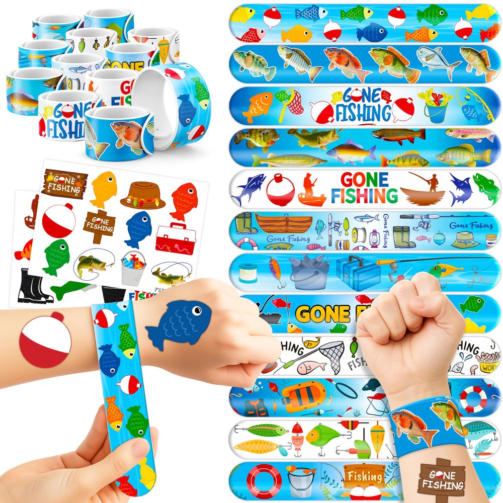 48PCS Gone Fishing Party Favors - 24PCS Tattoos & 24PCS Slap Bracelets - Fishing-Themed Birthday Supplies, Decorations, Classroom Prizes, Carnival Rewards, Gifts for Boys & Girls
