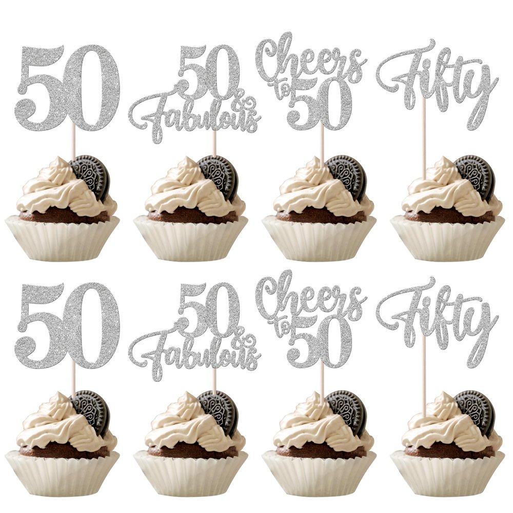 Rsstarxi 24 Pack 50th Birthday Cupcake Toppers Glitter Hello Cheers to 50 Cupcake Topper 50 Fabulous Fifty Cupcake Picks for Happy 50th Birthday Wedding Anniversary Party Cake Decorations Silver