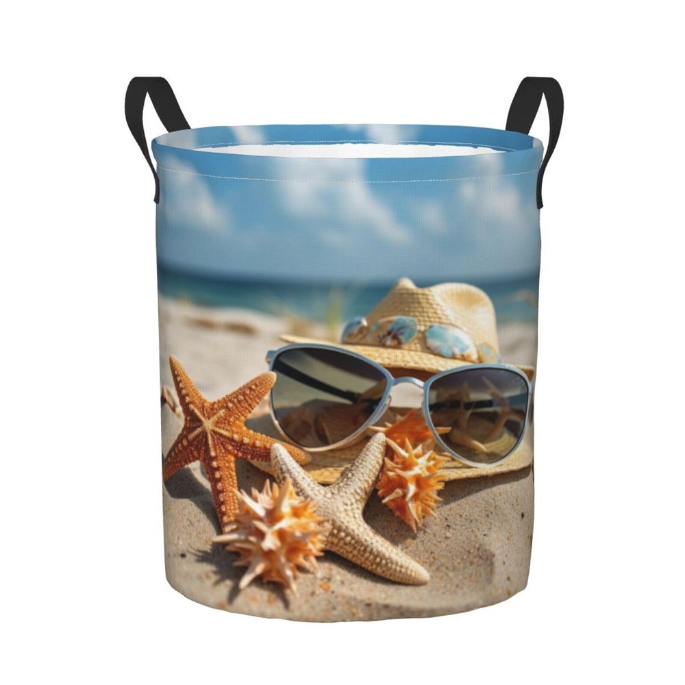 Foruidea Starfish Shells Flip-Flops Hat And Sunglasses Laundry Basket,Laundry Hamper,Collapsible Storage Bin, Oxford Fabric Clothes Baskets,Nursery Hamper For Home,Office,Dorm,Gift Basket
