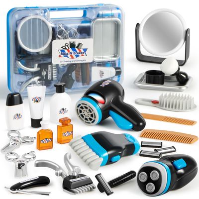 JOYIN Barber Shop Pretend Role Play Toy, 23 Pcs Kids Shaving Kit for Boys, Haircut Kit for Boys 3+ Year Old Easter Basket Stuffers Birthday Gift, Upgraded Toddler Role Play Set with Storage Box