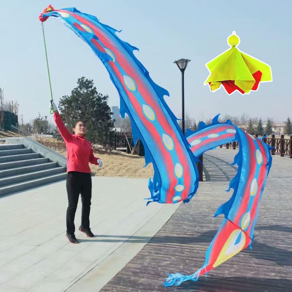 Kunovo Dragon Poi Phoenix Feather Dance Dragon Poi, Square Fitness Dragon Spinning Ribbons with Weighted Ball Travel Bag, Washable Wulong Dragon Flowy Streamer (Color : Blue, Size : 12 m (39 ft))