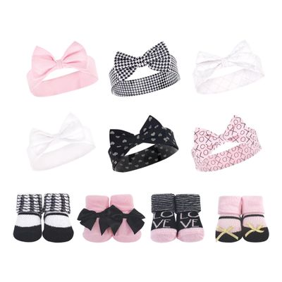 Hudson Baby Girls 10Pc Headband and Socks Set, Houndstooth Love, 0-9 Months