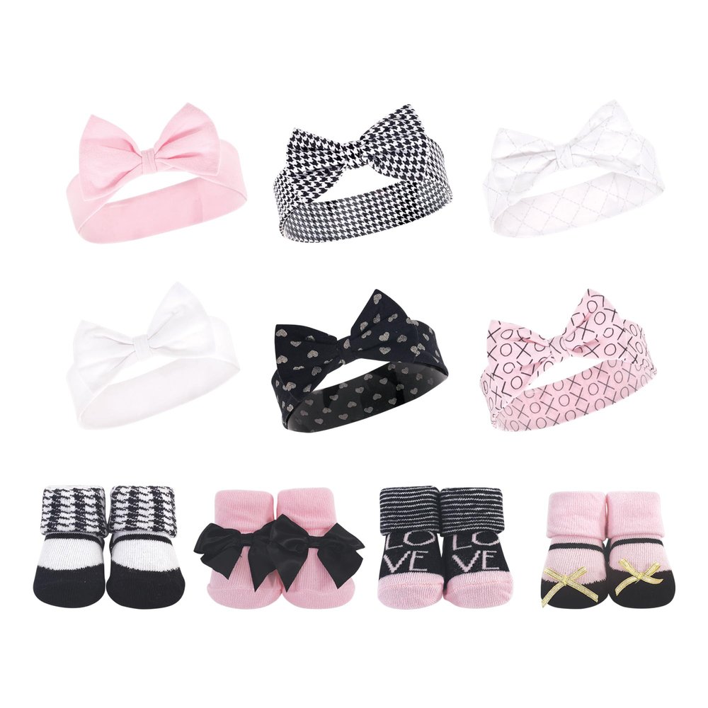 Hudson Baby Girls 10Pc Headband and Socks Set, Houndstooth Love, 0-9 Months
