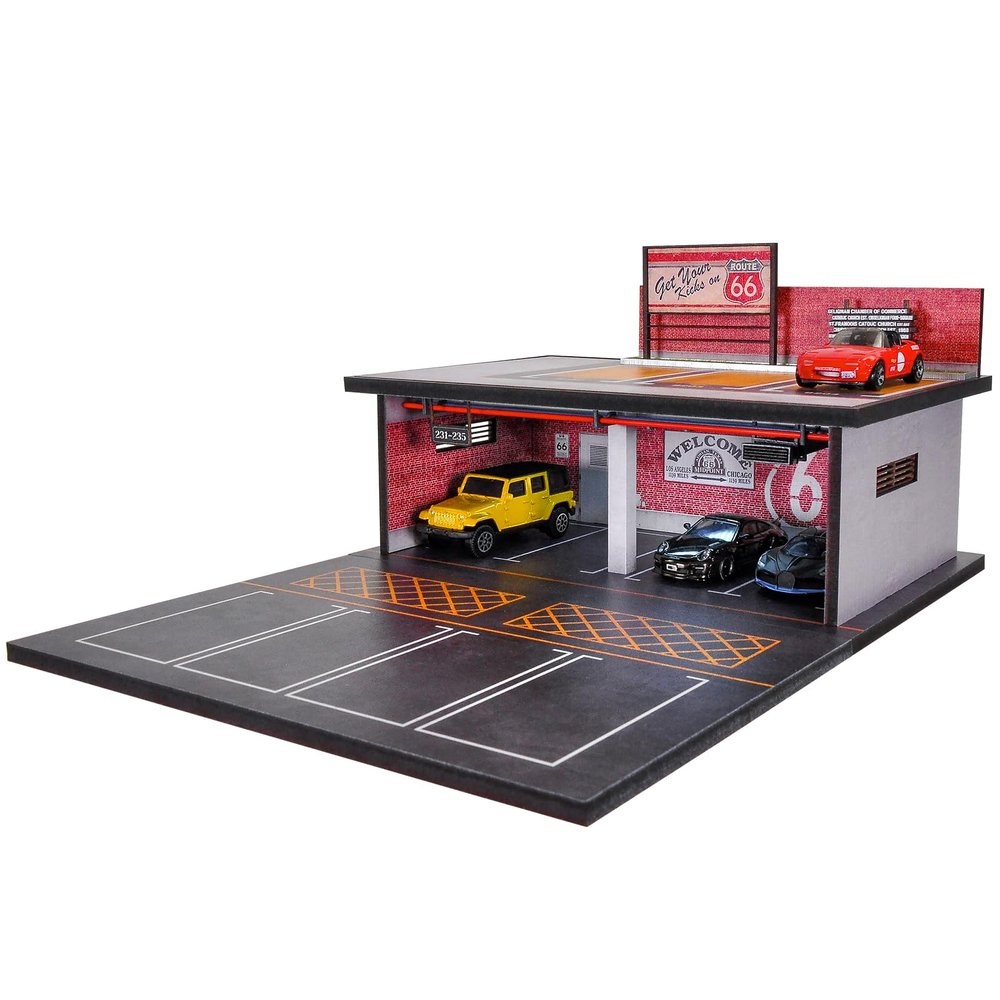 cxiiuui 1/64 Scale Parking Garage Scene Model 2 Layers Hot Wheels Display Case Car with LED Light Parking Lot Model for Diecast Cars 11 Parking Spaces Red