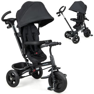 BABY JOY Tricycle, 6 in 1 Trike for Toddler w/Reversible Seat, Adjustable Canopy & Parent Handle, 5-Point Safety Belt, PU Wheels and Storage Basket, Push Tricycle for 9-60 Months (Black)
