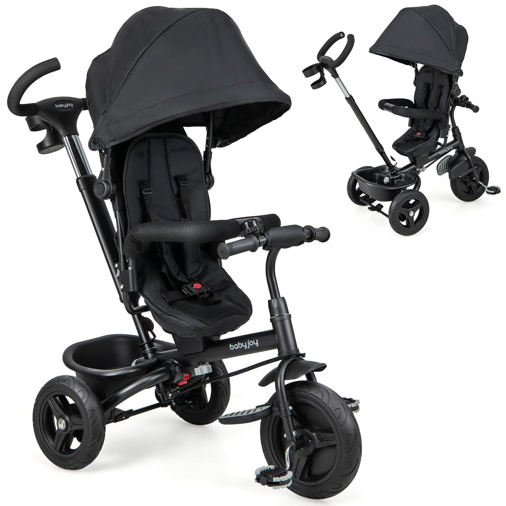 BABY JOY Tricycle, 6 in 1 Trike for Toddler w/Reversible Seat, Adjustable Canopy & Parent Handle, 5-Point Safety Belt, PU Wheels and Storage Basket, Push Tricycle for 9-60 Months (Black)