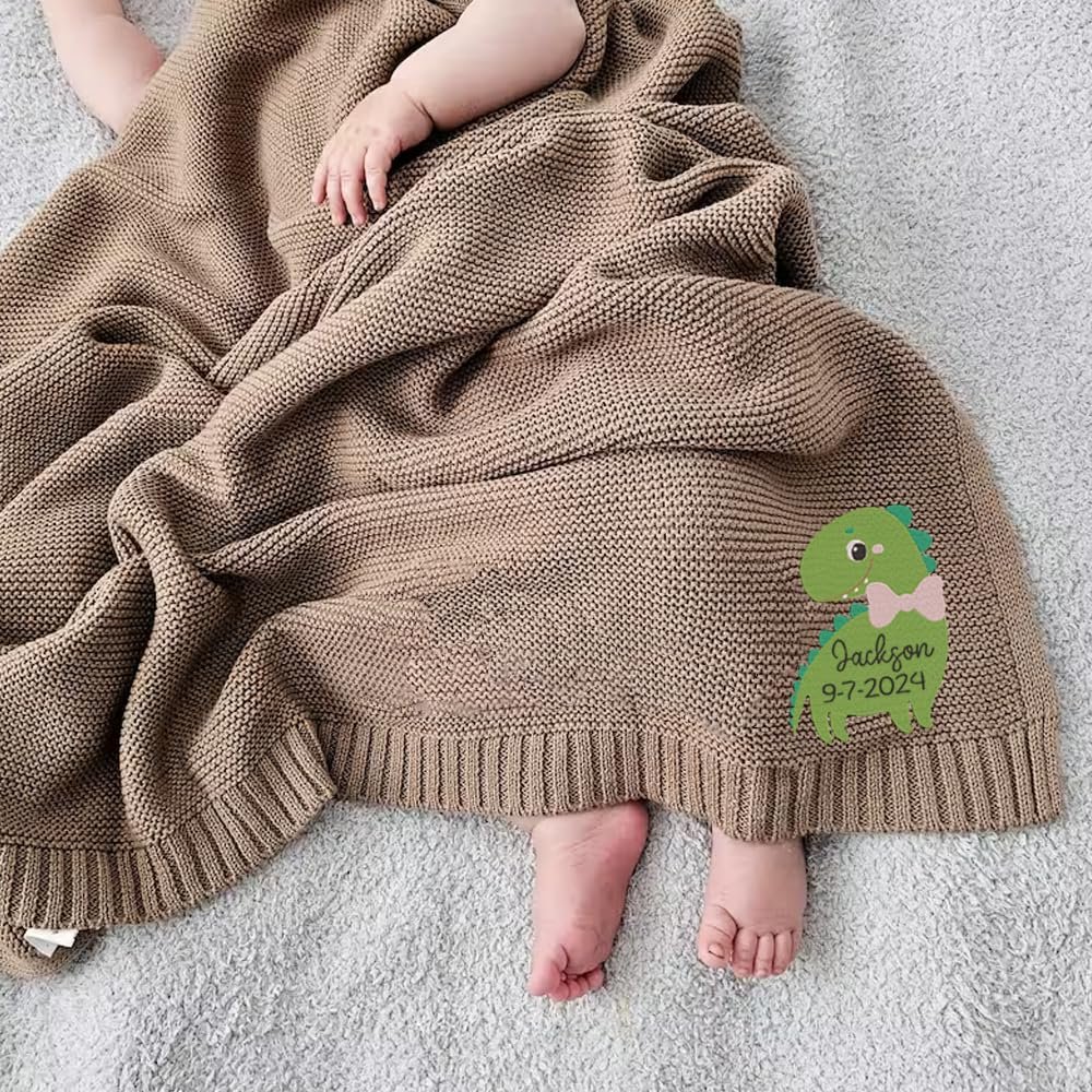 Luxury Personalized Embroidered Knit Baby Blanket, Baby Name Blanket, Cute Dinosaur Blanket for Baby, Newborn Baby Gift, New Mom Gifts