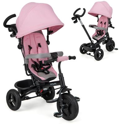 BABY JOY Tricycle, 6 in 1 Trike for Toddler w/Reversible Seat, Adjustable Canopy & Parent Handle, 5-Point Safety Belt, PU Wheels and Storage Basket, Push Tricycle for 9-60 Months (Pink)