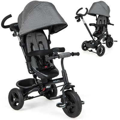 BABY JOY Tricycle, 6 in 1 Trike for Toddler w/Reversible Seat, Adjustable Canopy & Parent Handle, 5-Point Safety Belt, PU Wheels and Storage Basket, Push Tricycle for 9-60 Months (Gray)