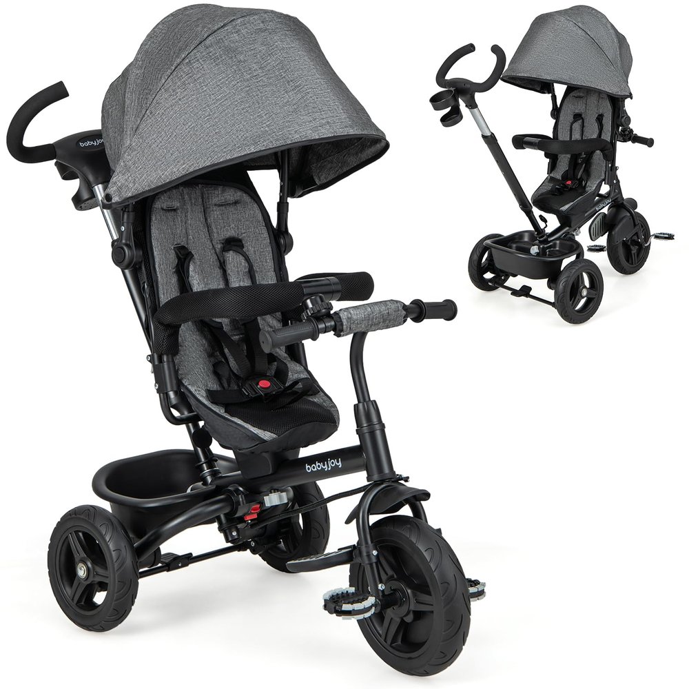 BABY JOY Tricycle, 6 in 1 Trike for Toddler w/Reversible Seat, Adjustable Canopy & Parent Handle, 5-Point Safety Belt, PU Wheels and Storage Basket, Push Tricycle for 9-60 Months (Gray)