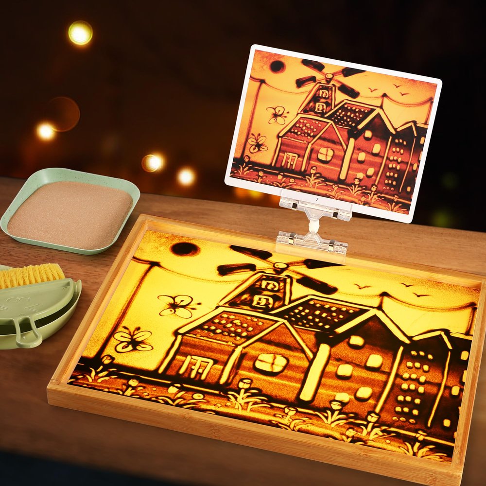 AtMini Sand Painting Light Box Light Table for Kids Wooden Sand Art Table with 10 Cards Sand Sensory Toy (11161 in)