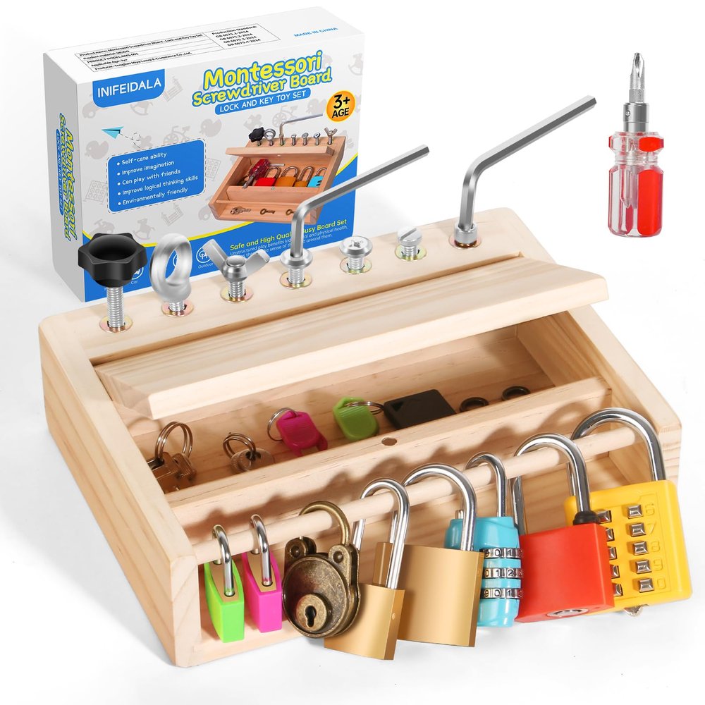 INIFEIDALA Montessori Toys for 3 4 5 Year Old,Montessori Screwdriver Board Set-Lock and Key Toy,Kids Tool Set,Preschool Learning Sensory - Fine Motor Skills - STEM Toys