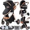 2 in 1 Baby Stroller Convertible Reversible Standard Pram Portable Pushchair Infant Buggy Baby Carriage Foldable High Landscape Pram for Toddler Newborn (225 Black Gold) view 1