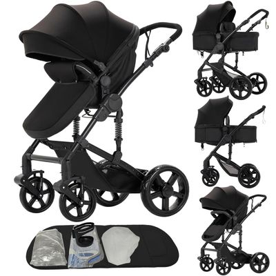 2 in 1 Baby Stroller Convertible Reversible Standard Pram Portable Pushchair Infant Buggy Baby Carriage Foldable High Landscape Pram for Toddler Newborn (2US588-BLACK)