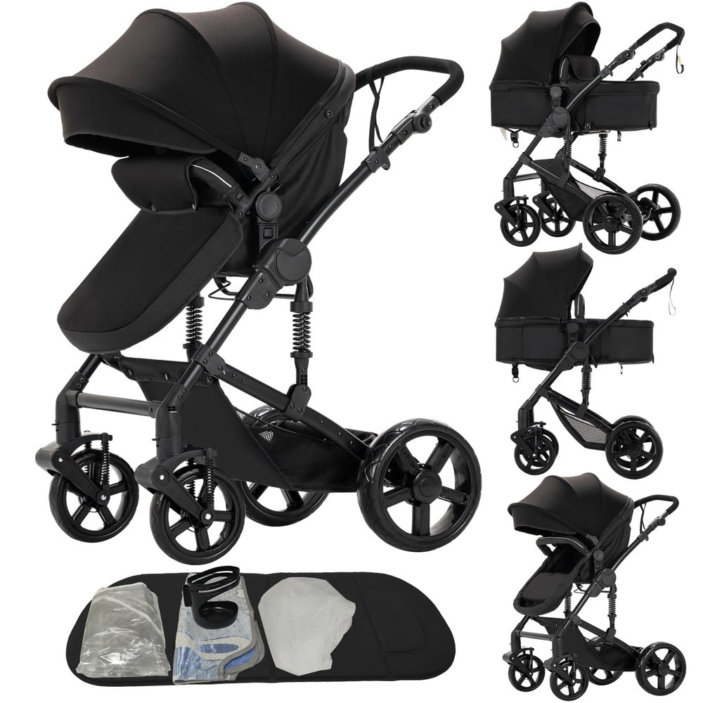2 in 1 Baby Stroller Convertible Reversible Standard Pram Portable Pushchair Infant Buggy Baby Carriage Foldable High Landscape Pram for Toddler Newborn (2US588-BLACK)
