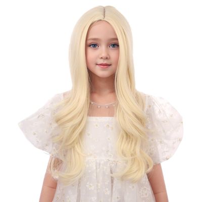 DUDUWIG Long Light Blonde Wigs for Girls Kids Long Wavy Curly Wig Light Blonde Middle Part Wigs for Child Synthetic Wig with Hair Net Include
