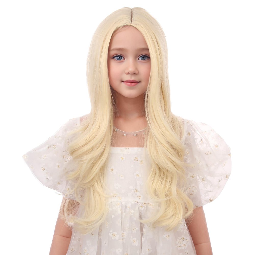 DUDUWIG Long Light Blonde Wigs for Girls Kids Long Wavy Curly Wig Light Blonde Middle Part Wigs for Child Synthetic Wig with Hair Net Include