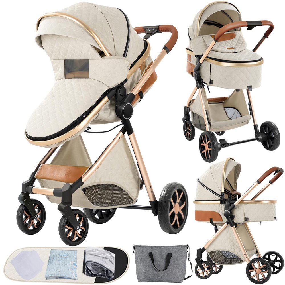 2 in 1 Baby Stroller Convertible Reversible Standard Pram Portable Pushchair Infant Buggy Baby Carriage Foldable High Landscape Pram for Toddler Newborn (225 Creamy White)
