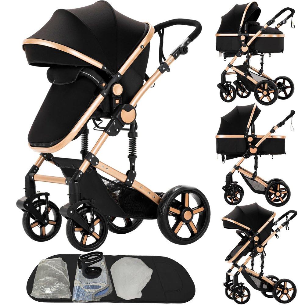 2 in 1 Baby Stroller Convertible Reversible Standard Pram Portable Pushchair Infant Buggy Baby Carriage Foldable High Landscape Pram for Toddler Newborn (2US588-BG)