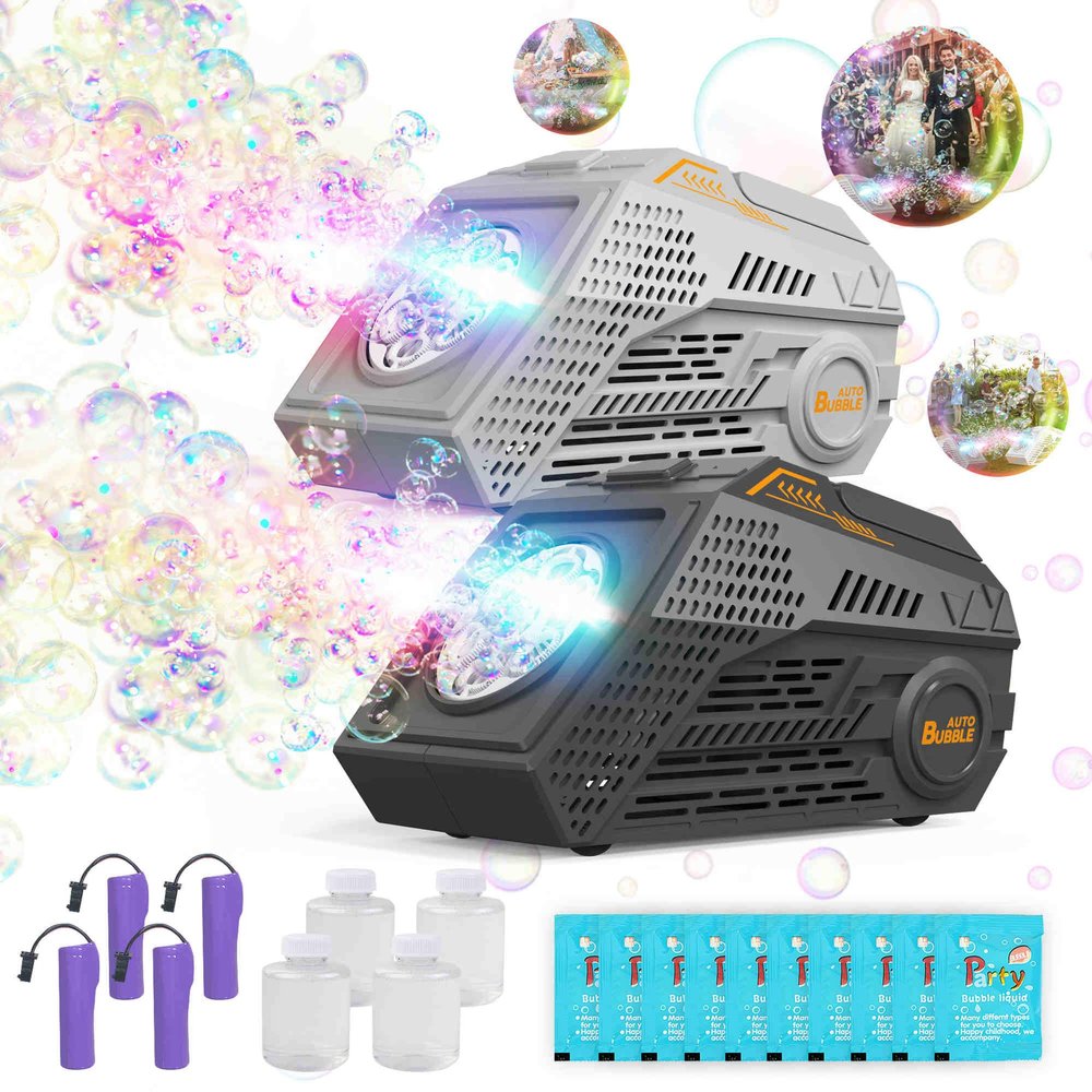 Abincee 2-Pack Bubble Machine,Automatic Bubble Blower with 4 Rechargeable Batteries 20000+ Big Bubbles Per Minute Toys for Kids Summer Outdoor Birthday Wedding Party(Black+Gray)