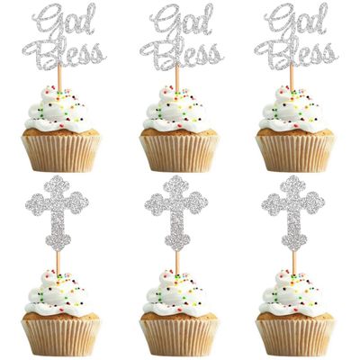 24 Pcs God Bless and Baptism Cupcake Toppers Silver Glitter Cross Cupcake Picks for Christian First Communion Baptism Party Cake Decorations Supplies