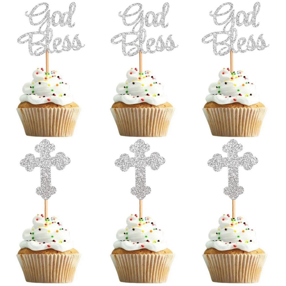 24 Pcs God Bless and Baptism Cupcake Toppers Silver Glitter Cross Cupcake Picks for Christian First Communion Baptism Party Cake Decorations Supplies