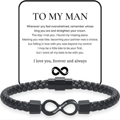 MEONFY To My Man, Personalized Dual Name Infinity Leather Bracelet, Stainless Steel Braided Bracelet, To My Man Love You Forever (customisation)
