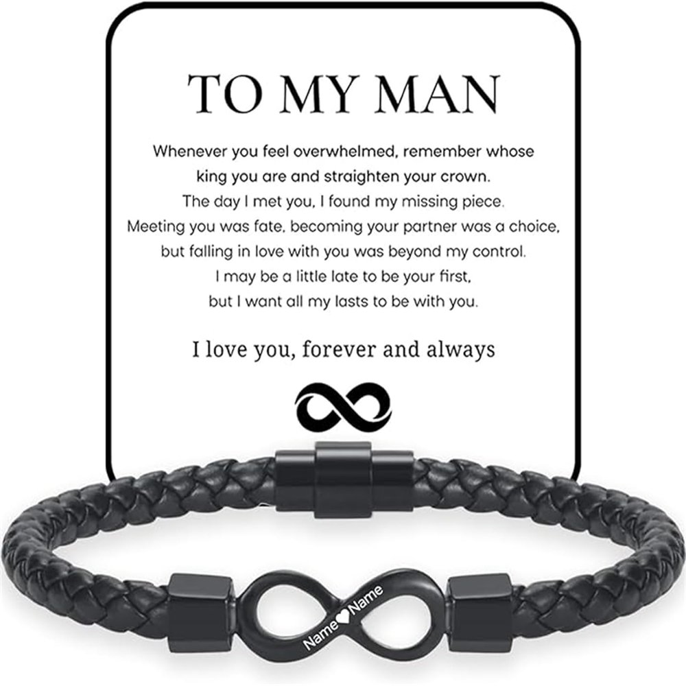 MEONFY To My Man, Personalized Dual Name Infinity Leather Bracelet, Stainless Steel Braided Bracelet, To My Man Love You Forever (customisation)