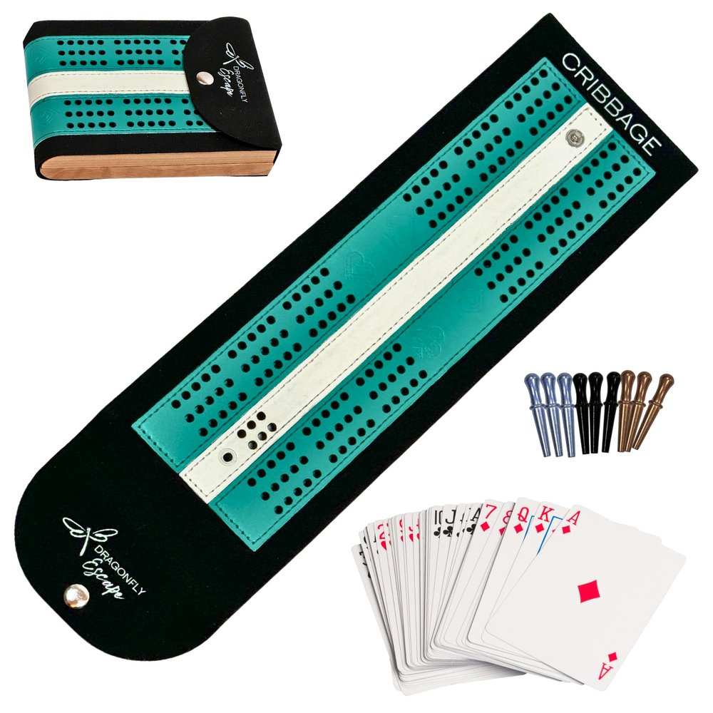 Dragonfly Escape Travel Cribbage Game Board | Lightweight Portable Travel Cribbage Board Set | Folding Travel Games for Adults (Teal & White)