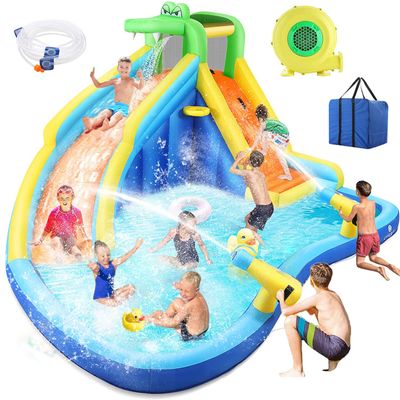 AKEYDIY Inflatable Water Slide,8-in-1 Blow Up Waterslide Bounce Castle with Blower for Kids 3-12,Outdoor Water Park Party Gift for Backyard with Splash Slide,Climbing Wall,Splash Pool, Basketball Hoop