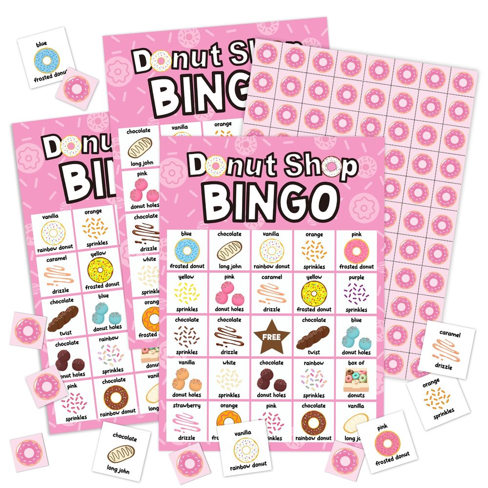YUEXLL Donut Shop Bingo Cards, Donut Bingo Game, 24 Players, Sweet Treats Party Activities for Family Friends, Bingo Game for Large Group Party