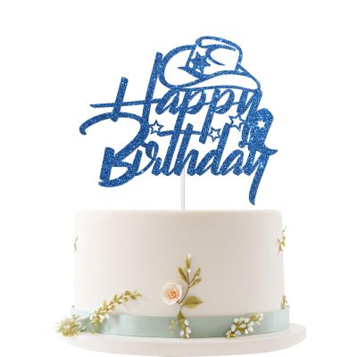 Embhhor Happy Birthday Cake Topper, Western Theme Party Decorations, Wild West Cake Picks for Cowboy Cowgirl, Blue Glitter