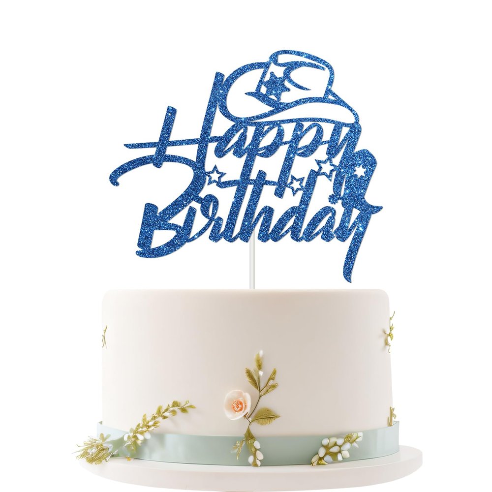 Embhhor Happy Birthday Cake Topper, Western Theme Party Decorations, Wild West Cake Picks for Cowboy Cowgirl, Blue Glitter