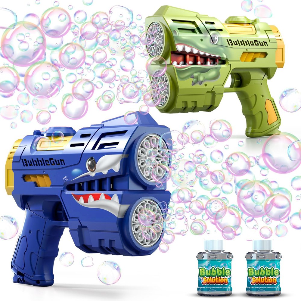 Jasny 2 Pack Bubble Guns for Kids, LED Light Up Rechargeable Bubbles Machine Blower with 2 Bottles Refill Solution for Toddlers 4-8, Wedding Birthday Gift