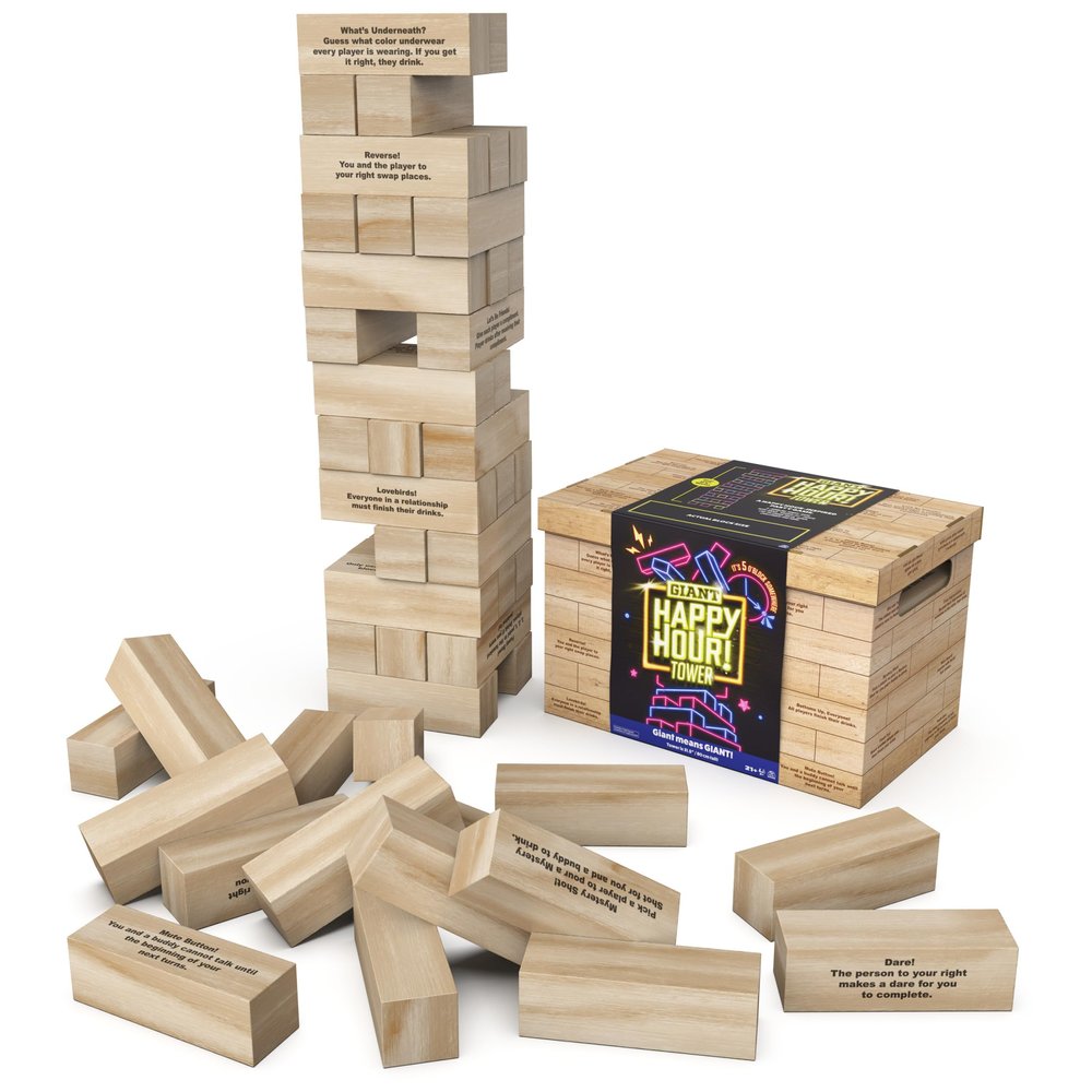 Spin Master Games, Happy Hour Tower, Giant Jumbling Wooden Blocks, Bachelorette Party Game, Galentine's Day Party Game, for Ages 18 & Up