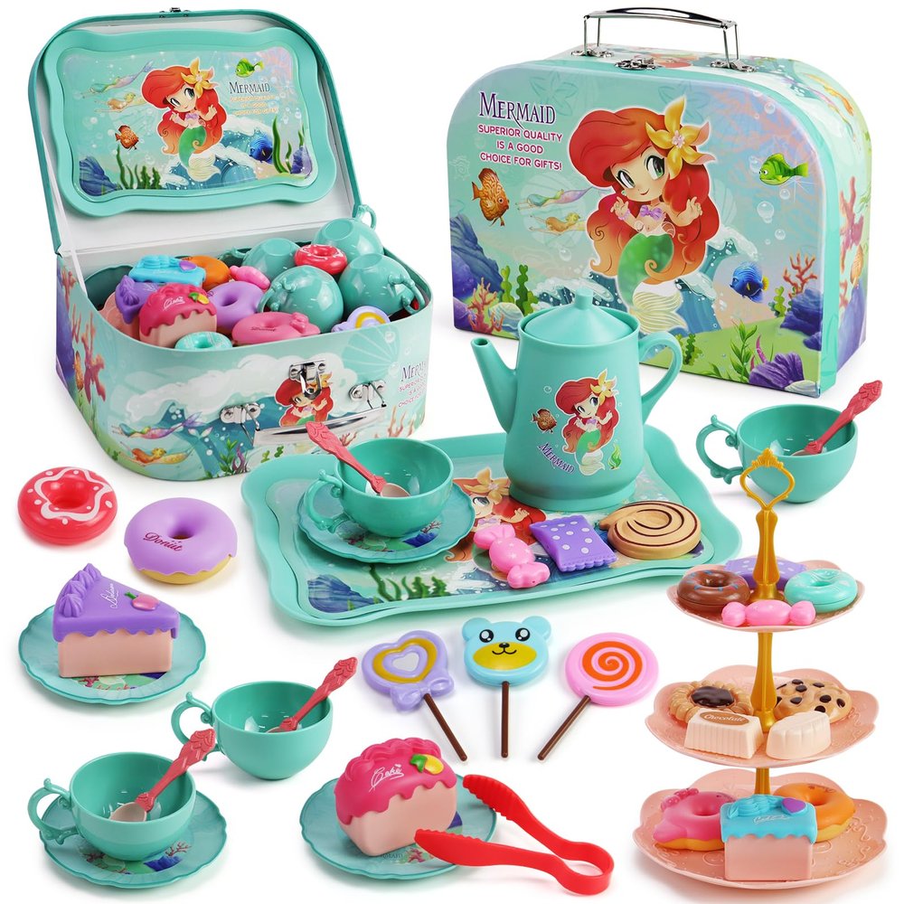 Motiloo 44Pcs Mermaid Tea Party Set for Little Girls, Pretend Plastic Teapot Set with Metal Carrying Case - Princess Tea Time Toys for Girls 3-6