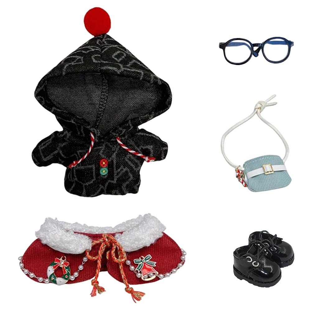 niannyyhouse 10cm Plush Doll Clothes Poncho Printed Hoodie Backpack Glasses Leather Shoes Shawls Outfit Doll Accessories Dress Up (Red)