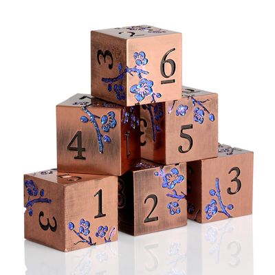 DNDND Flowers Metal Dicet D6, 6 PCS Six Sided Zinc Dice with Black Velvet Bag for DND Pathfinder Shadowrun or GURPs (The Glitter Blue Flowers with Ancient Brass)