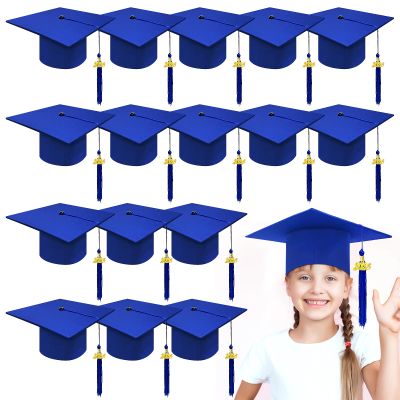 Kidum 16 Pcs 2026 Graduation Cap Kindergarten Bulk Graduation Cap Preschool Child Size Grad Caps with Metal 2024 Tassel (Blue)