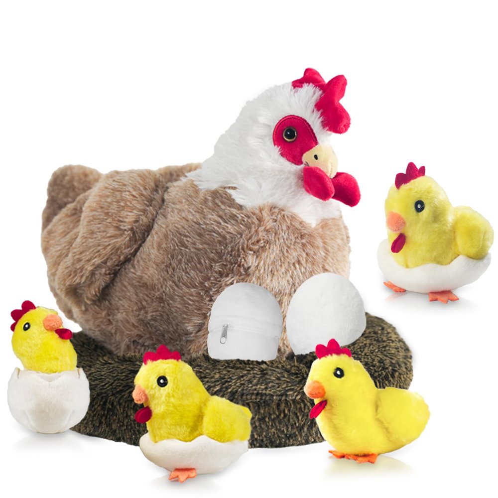 9 in 1 Valentines Chicken Stuffed Animal Set, Stuffed Chicken Plush Toy Egg Laying Hen with Zipper and Baby Chicks Plush Chickens, Eggs and Coop Chicken Toys for Kids Girls Boys Birthday Easter Gifts