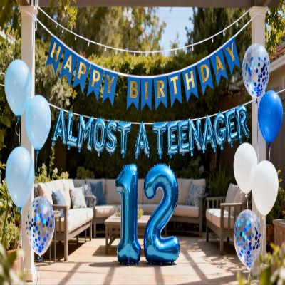 12th Birthday Decorations Blue for Boys Girls,Almost a teenager Balloons 12th Birthday Banner 12 Foil Balloons for Official Pre-teen12 Years Old Boys Girls (Blue)(12th)
