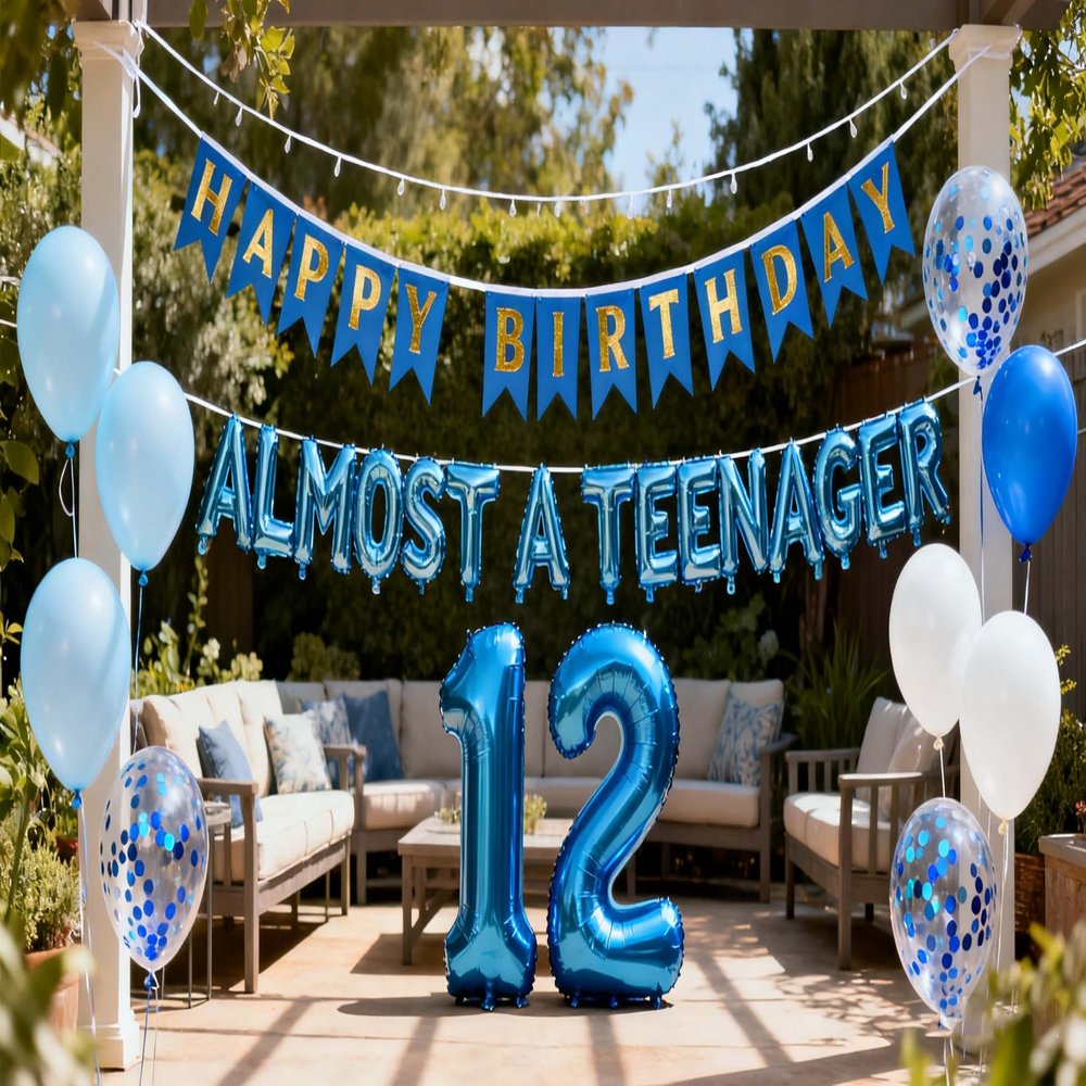 12th Birthday Decorations Blue for Boys Girls,Almost a teenager Balloons 12th Birthday Banner 12 Foil Balloons for Official Pre-teen12 Years Old Boys Girls (Blue)(12th)