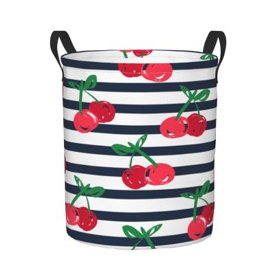 Foruidea Stripes Cherry Laundry Basket,Laundry Hamper,Collapsible Storage Bin, Oxford Fabric Clothes Baskets,Nursery Hamper For Home,Office,Dorm,Gift Basket