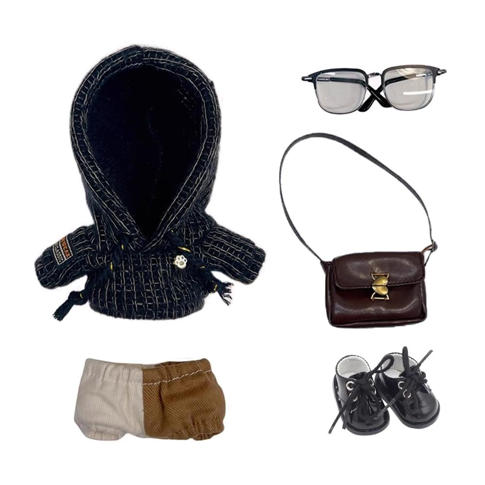 niannyyhouse 10cm 15cm 20cm Plush Doll Clothes Woolen Hoodie Pants Backpack Glasses Leather Shoes Color Blocked Outfit Doll Dress Up (Black-15cm)