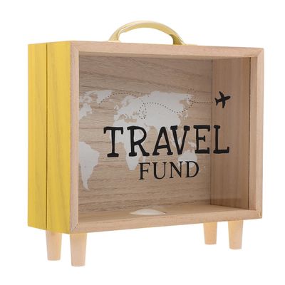 SAFIGLE Wooden Money Saving Box Handheld Desktop Piggy Bank with Large Capacity Coin Storage and Home Decor Suitcase Design 8 Inch