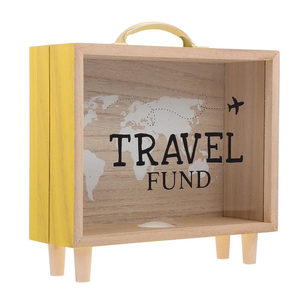 SAFIGLE Wooden Money Saving Box Handheld Desktop Piggy Bank with Large Capacity Coin Storage and Home Decor Suitcase Design 8 Inch