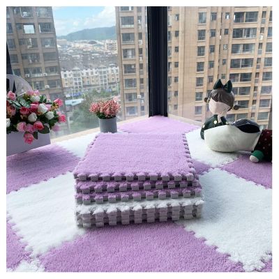 20 Pcs Carpet Puzzle Mats for Floor,Plush Interlocking Carpet Tiles,Plush Puzzle Foam Floor Tiles Squares,for Playroom,Home Decor,4 Ft X 5 Ft(0.39 Inch,Color:White+Purple)