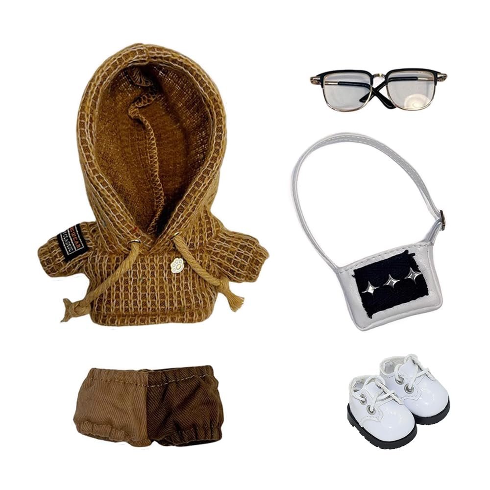 niannyyhouse 10cm 15cm 20cm Plush Doll Clothes Woolen Hoodie Pants Backpack Glasses Leather Shoes Color Blocked Outfit Doll Dress Up (Brown-10cm)
